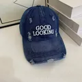 Distressed dark blue denim baseball cap with white Good Looking 3D embroidery detail - M(56-58cm) / Blue