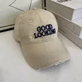 Distressed beige baseball cap with GOOD LOOKING embroidery and ripped details - M(56-58cm) / Off White