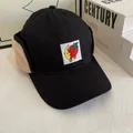 Fleece-lined navy baseball cap with ear flaps and strawberry embroidery for winter - M(56-58cm) / Black