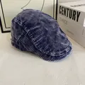 Retro gewassen corduroy flat cap in donkerblauw met verstelbare metalen gesp voor dames - M(56-58cm) / Marineblauw