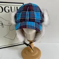 Chapeau d'aviateur à carreaux bleus pour femme avec doublure en fausse fourrure - M (56-58cm) / Bleu à Carreaux