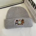 Close-up of cute cartoon dog embroidery and JOIN MY JOY text on grey knitted hat - M / Light Gray