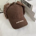 Brown canvas aviator hat with plush earflaps and embroidery for winter outdoor wear - M (56-58cm) / Coffee