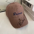 Retro khaki baseball cap with blue Birteny embroidery and distressed brim details - M (56-58cm) / Pink