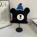 Handmade black bear knit beanie with blue party hat and ears on display stand - M(56-58cm) / Black