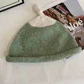 Cute Japanese style contrast color knitted beanie with top knot detail for winter - M (56-58cm) / Green