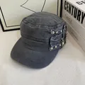 Vintage washed cotton flat top army cap with metallic zipper and rivet details - M (56-58cm) / Gray
