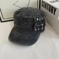 Detail view of washed cotton flat top hat with metallic rivets and side zipper accents - M (56-58cm) / Black