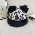 Winter plush leopard print hat with double black pompoms and faux fur lining for warmth - M(56-58cm) / Black