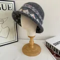 Women's vintage grey knit bucket hat with colorful jacquard pattern for winter warmth - M (56-58cm) / Gray