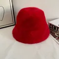 Close-up of a vibrant red faux fur bucket hat with thick plush texture for winter - M (56-58cm) / Red