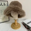Detailed texture of dark brown faux fur on a warm winter bucket hat for women - M(56-58cm) / Dark Khaki