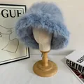 Gorro bucket de piel sintética azul claro para mujer con textura suave en soporte - M (56-58cm) / Azul