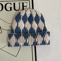 Retro argyle knit beanie in navy and cream white with thick ribbed cuff for winter warmth - M (56-58cm) / Beige (White)