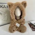Brown plush hooded scarf with bear ears and floral embroidery on a white model head - M / Khaki