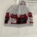 Detailed knit texture of light grey beanie with colorful cat jacquard and ribbed cuff - M / Light Gray