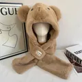 Detailed view of plush bear ear hooded scarf with soft faux fur texture and woven patch - M (56-58cm) / Khaki