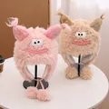 Bonnets de monstre rigolos en peluche rose et kaki avec yeux de dessin animé et pompons - M(56-58cm) / Rose