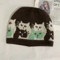 Retro dark brown mohair beanie with cute cat jacquard pattern for winter warmth - M / Coffee