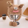 Chapeau de monstre marron en peluche avec de grands yeux et rabats pour l'hiver - M(56-58cm) / Chameau