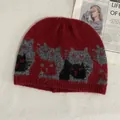 Vintage red knitted beanie with cat jacquard pattern in soft mohair blend wool - M / Burgundy