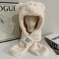 Cute bear ear plush hood scarf combo in creamy white fleece for winter warmth - M / White