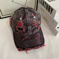 Vintage distressed denim baseball cap with torn holes and red embroidery in street style - M (56-58cm) / Red