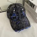 Vintage washed denim baseball cap with distressed blue ripped details and contrast stitching - M (56-58cm) / Blue
