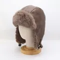 Detail of vintage faux leather aviator hat with thick plush lining and chin strap buckle - M (56-58cm) / Dark Coffee