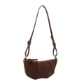 Deep brown suede crescent crossbody bag with minimalist pleated texture and knotted strap - Tan