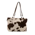 Brown and white cow print tote bag with plush texture and brown shoulder straps - Brown