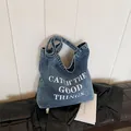 Blue denim tote bag with Catch The Good Things letter print for women casual fashion - Style 3 Light Blue (CATCH THE GOOD Print)