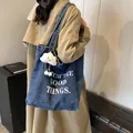 Blue denim tote bag with Catch The Good Things print and plush cloud charm accessory - Style 3 Dark Blue And Cloud Pendant
