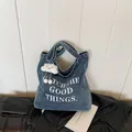 Retro denim tote bag in blue with white lettering and cute cloud plush pendant - Style 3 Light Blue And Cloud Pendant