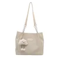 Grand sac cabas blanc cassé avec texture sergée et pendentif nuage mignon - Blanc Crème avec Pendentif