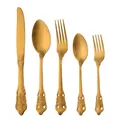 Service de 5 pièces de couverts dorés vintage avec motifs en relief et fini brossé - Or (A010D)
