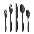 Modern 5-piece matte black stainless steel cutlery set with steak knife and spoons - Black