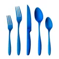 Modern 5-piece stainless steel cutlery set with a matte blue finish for dining - Blue