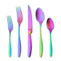 5-piece rainbow titanium stainless steel cutlery set with iridescent metallic finish - Colorful