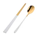 Portable gold and white stainless steel cutlery set with spoons and chopsticks - Semicircle Spoon and Chopsticks - White Gold