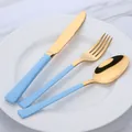 Set de couverts en acier 304 avec manches bleu ciel et finition en titane doré - Ensemble Couteau Fourchette Cuillère / Or Bleu