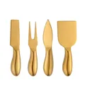 4-piece golden stainless steel cheese knife set with ergonomic curved handles on white background - Four-Piece Set / Gold