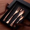 4-piece rose gold stainless steel cutlery set in premium black textured gift box - Top and Bottom Lid Style / Black