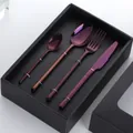 Ménagère 4 pièces en acier inoxydable violet avec cuillères, fourchette et couteau en boîte - Avec Boîte Cadeau / Violet