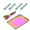 Détail du plateau de buffet arc-en-ciel en acier inoxydable avec ses pinces à aliments - Couleur AB