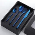 Ménagère 4 pièces en acier inoxydable bleu poli miroir dans un coffret cadeau noir - Avec Boîte Cadeau / Bleu