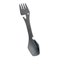 Matte black 4-in-1 stainless steel camping utensil featuring a fork, spoon and opener - Black