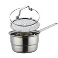 Polished stainless steel milk pot with long handle, steamer insert and glass lid set - Natural