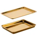 Golden stainless steel rectangular tea tray with draining holes and matching base plate - Gold