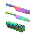 Set di coltelli in titanio arcobaleno con affilacoltelli cilindrico a tre stadi - Stile Affilacoltelli Coltello da Chef E Coltello da Arrosto (Iridescente) / Bianco AB